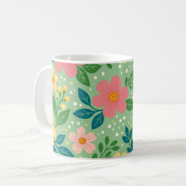 Taza De Café Flores rosadas y amarillas con hojas verdes y azul