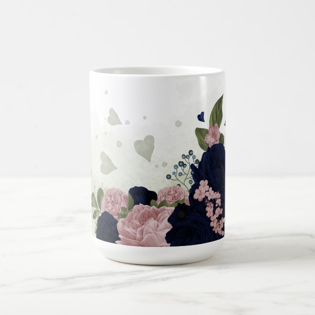 Taza De Café flores rosadas y azul marino con vegetación (Centro)