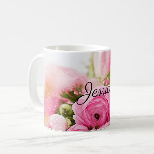 Taza De Café Flores rosas antiguas con tu nombre (Anverso izquierdo)