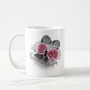 Taza De Café Flores rosas hojas tropicales