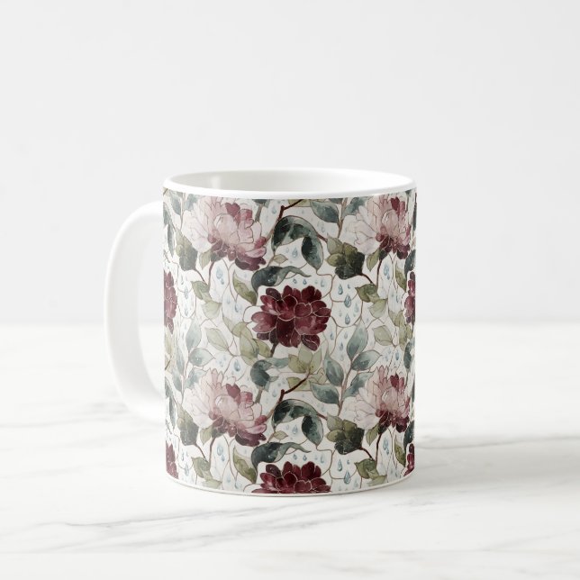 Taza De Café Flores Rosas Rojas Gotitas de Lluvia (Anverso izquierdo)