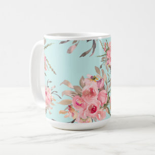 Taza De Café Flores rosas Rubor en azul claro