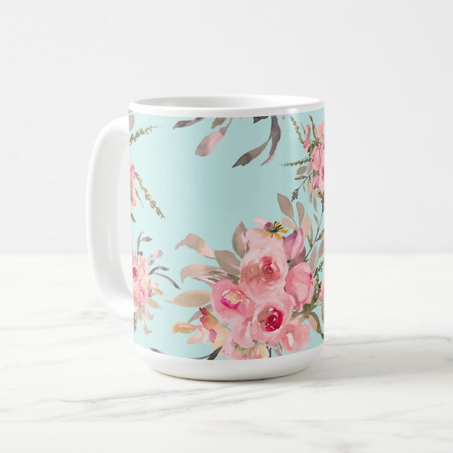 Taza De Café Flores rosas Rubor en azul claro (Anverso izquierdo)