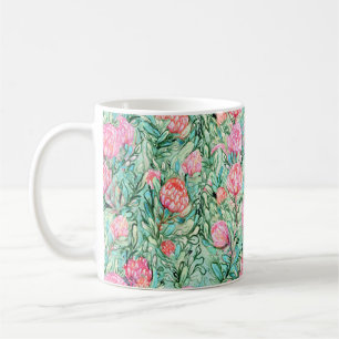 Taza De Café Flores rosas, verde salvia, sin costuras.