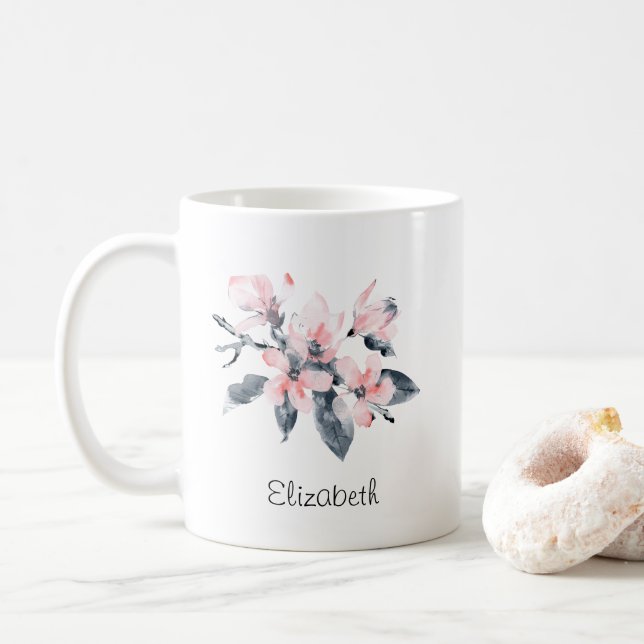 Taza De Café Flores rosas y grises acuarela clásica (Con donut)