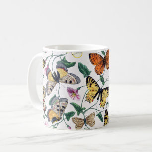 Taza De Café Flores rosas y hojas verdes de mariposas coloridas