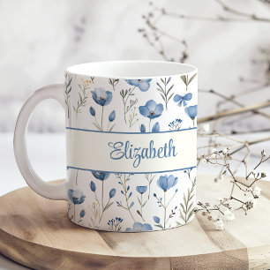 Taza De Café Flores salvajes de color azul marino Nombre de gui