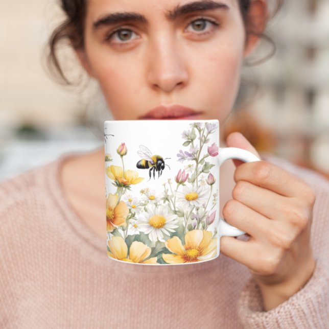 Taza De Café Flores salvajes y acuarela de abejas melíferas (Subido por el creador)