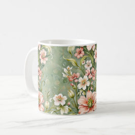 Taza De Café Flores serenas rosadas y blancas sobre salvia