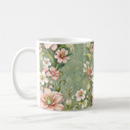 Taza De Café Flores serenas rosadas y blancas sobre salvia