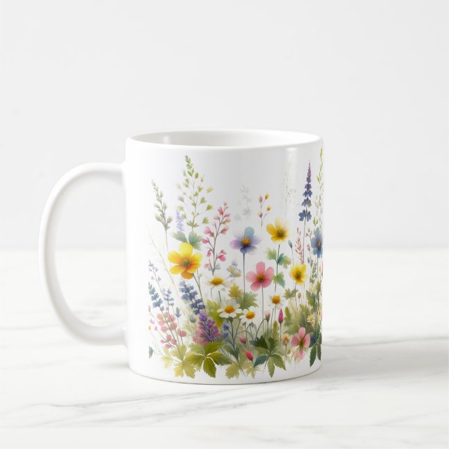 Taza De Café Flores silvestres acuarela flor amarilla azul (Izquierda)