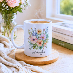 Taza De Café Flores silvestres bohemias acuarela