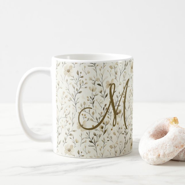 Taza De Café Flores silvestres boho neutrales Monograma  (Con donut)