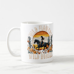 Taza De Café Flores Silvestres Caballos Salvajes Puesta del Sol