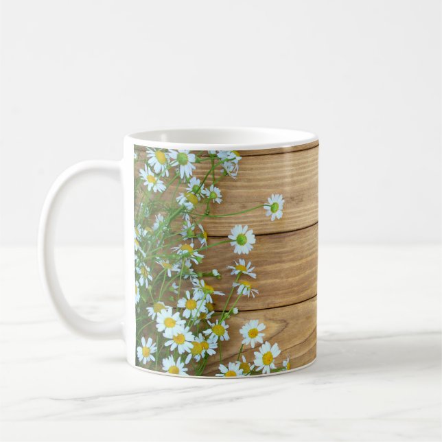 Taza De Café Flores silvestres, hierbas: fondo de madera. (Izquierda)