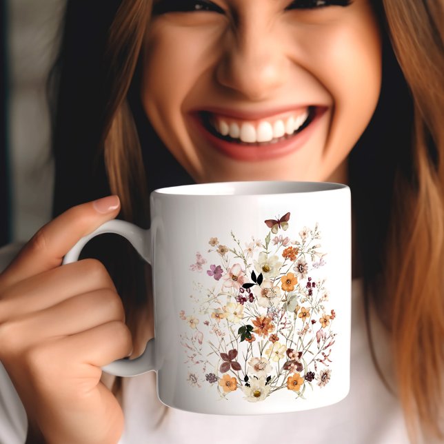 Taza De Café Flores silvestres prensadas Granja de flores botán (Pressed Wildflowers Botanical Floral Farmhouse Coffee Mug)