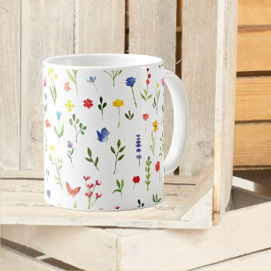 Taza De Café Flores silvestres y mariposas Patrón de acuarela