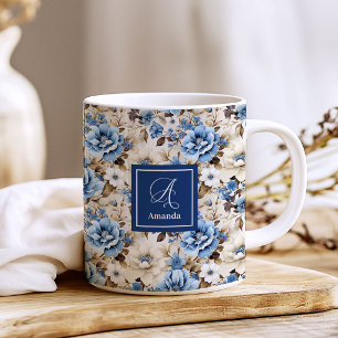 Taza De Café Flores Sofisticadas de Color Azul Marino Personali