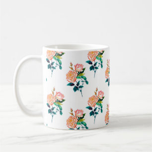 Taza De Café Flores subió con hojas acuarela sin costura