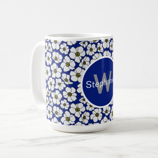 Taza De Café Flores Tropical Vibe Sobre Azul  (Anverso izquierdo)