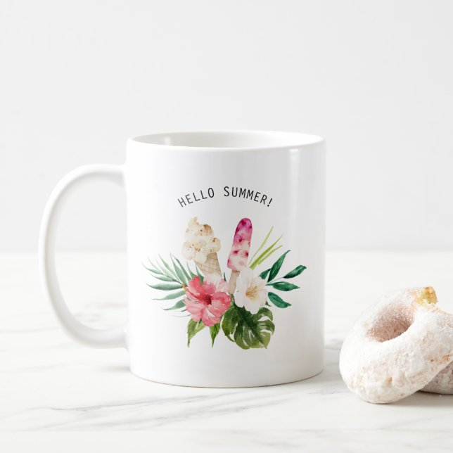 Taza De Café Flores tropicales acuáticas, hojas con helado (Con donut)