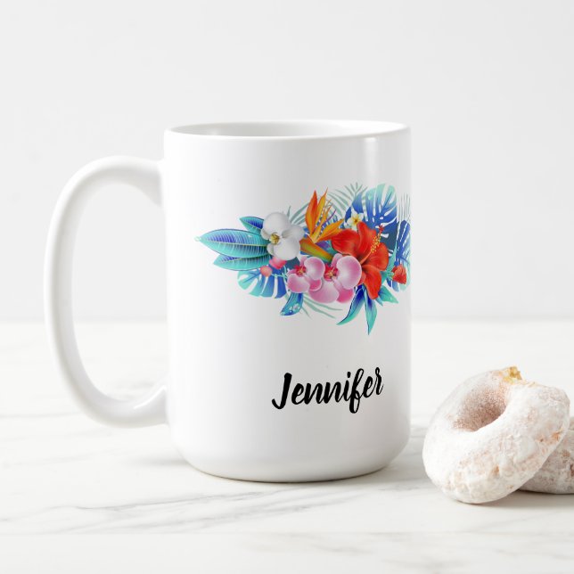 Taza De Café Flores tropicales exóticas - Rosa y Aqua (Con donut)
