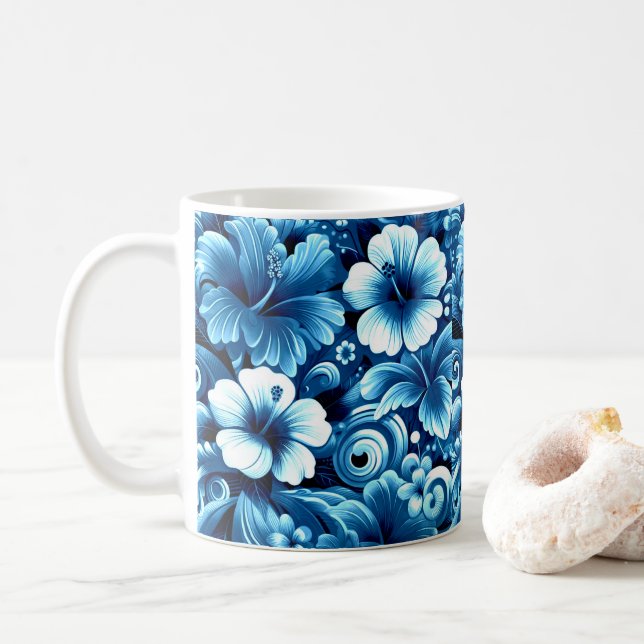 Taza De Café Flores tropicales hawaianas Patrón azul Hibiscus (Con donut)