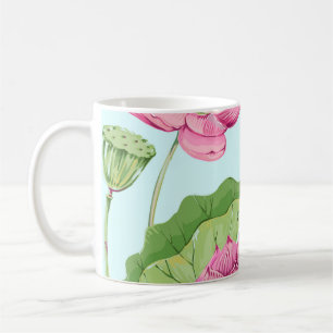 Taza De Café Flores tropicales, hojas, loto rosado, lirio acuát