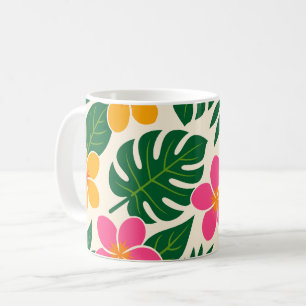 Taza De Café Flores Tropicales Naranjas y Rosas con Hojas Verde