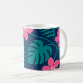 Taza De Café Flores Tropicales Rosadas y Diseño de Follaje Verd