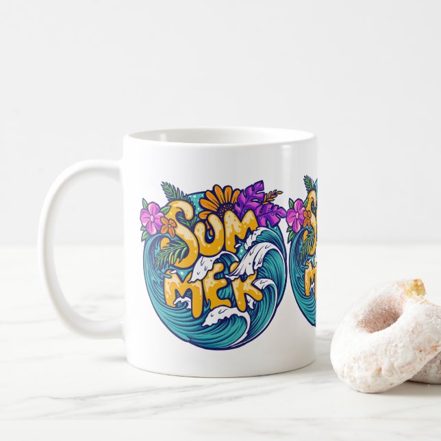 Taza De Café Flores tropicales veraniegas olas del océano (Con donut)