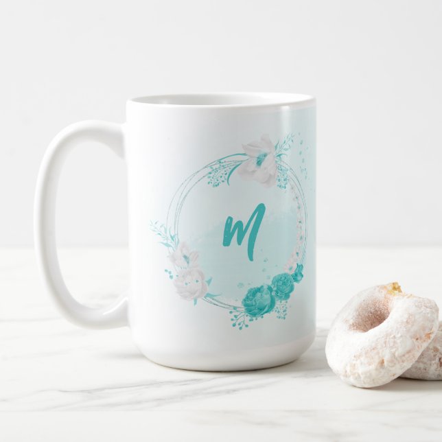 Taza De Café flores turquesas románticas (Con donut)