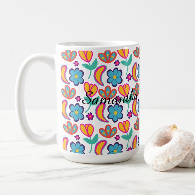 Taza De Café Flores únicas y coloridas (Con donut)
