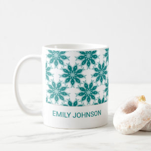 Taza De Café flores verde azuladas nombre personalizado blanco