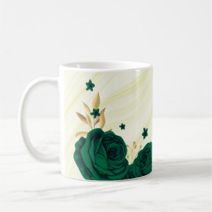Taza De Café flores verde esmeralda hojas doradas mármol