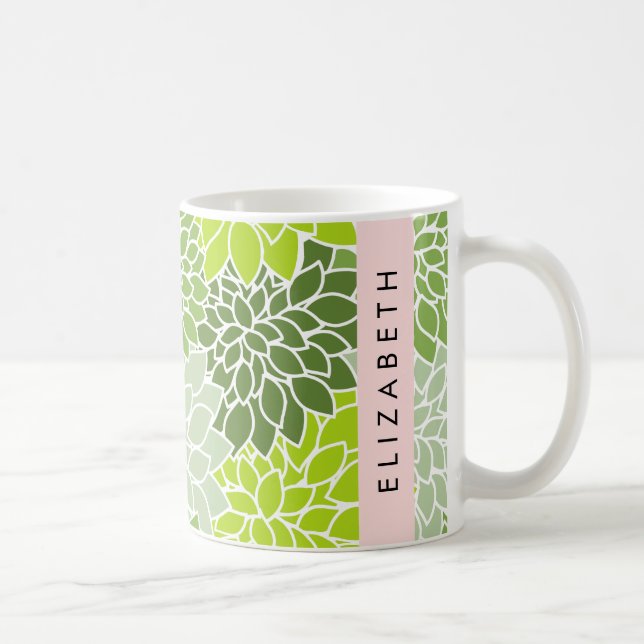 Taza De Café Flores verdes de Dahlia, patrón floral, tu nombre (Derecha)