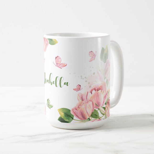 Taza De Café flores verdes mariposas rosa caliente (Anverso derecho)