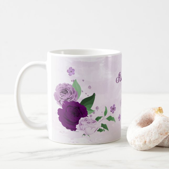 Taza De Café Flores verdes púrpura románticas  (Con donut)