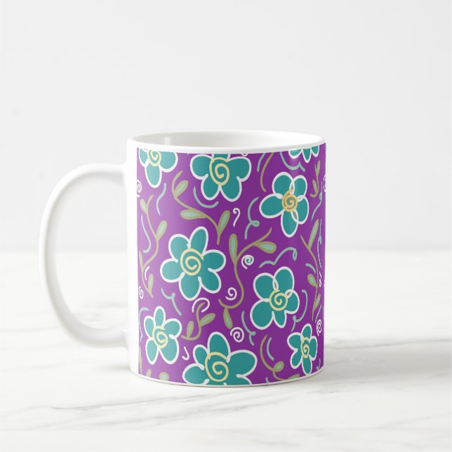 Taza De Café Flores verdes sobre el diseño púrpura (Izquierda)