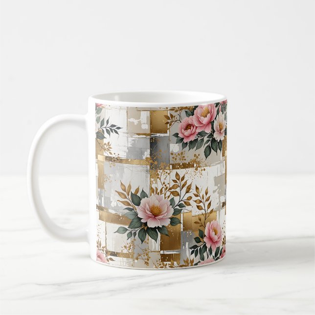 Taza De Café Flores y cuadrados rosas (Izquierda)