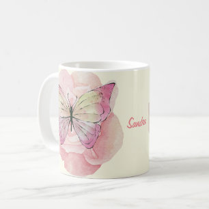 Taza De Café Flores y mariposas acuarelas personalizadas