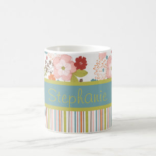 Taza De Café Flores y rayas Café personalizado Mug