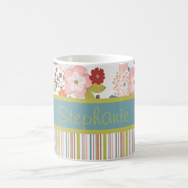 Taza De Café Flores y rayas Café personalizado Mug (Centro)