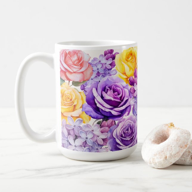Taza De Café Flores y Rosas de Lilac románticos (Con donut)