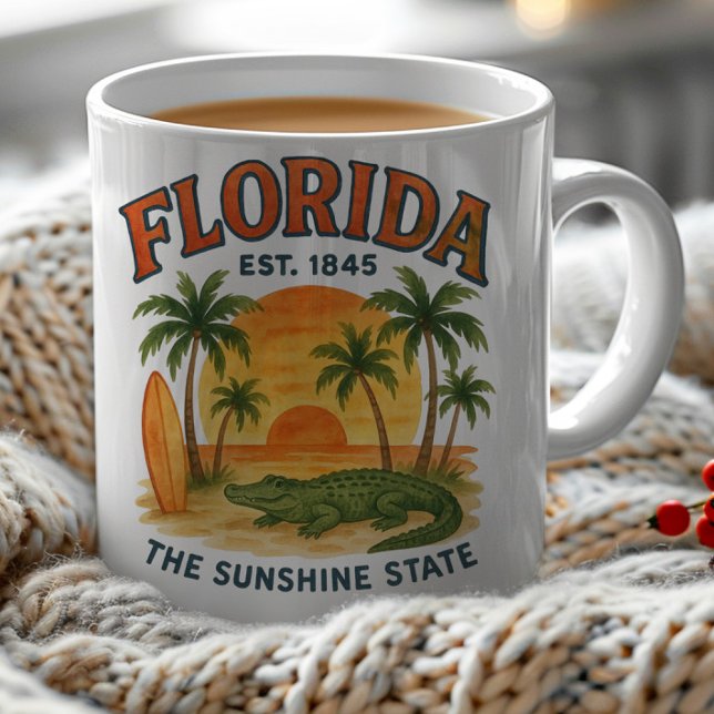 Taza De Café Florida Beach Sunset Alligator Est. 1845 (Florida, the Sunshine State mug )