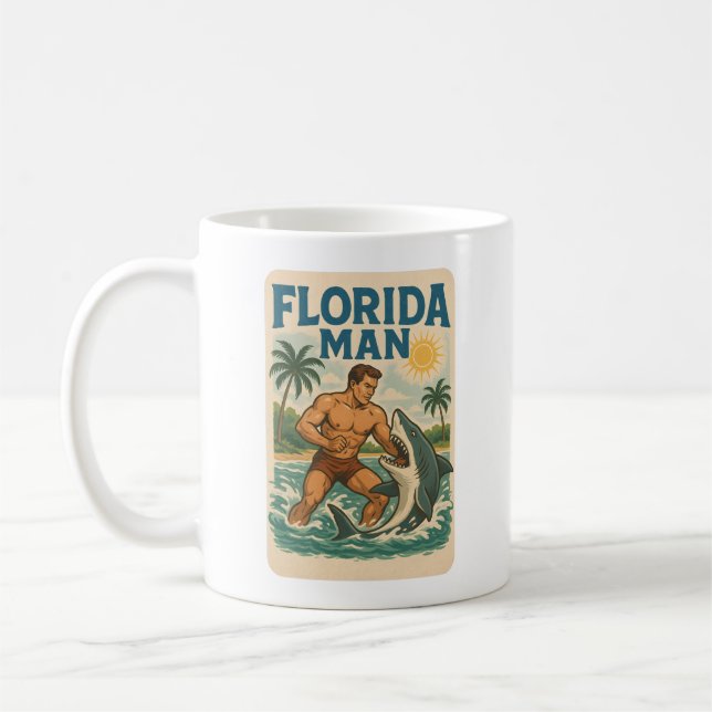 Taza De Café Florida Man Coastal Shark Wrestler - Retro Beach (Izquierda)