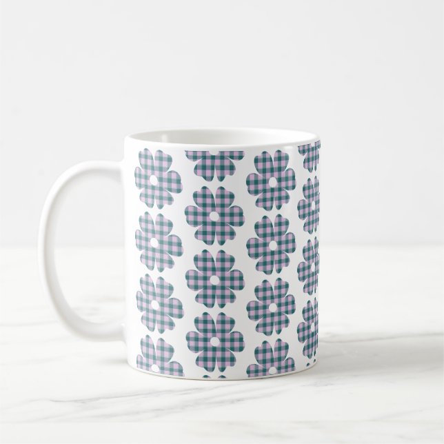 Taza De Café Flower Shape Plaid Pink Teal (Izquierda)