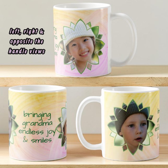 Taza De Café Flower Shape Replaceable Photo Colorful Background (Fun double photo mug with template text centered opposite the handle.)