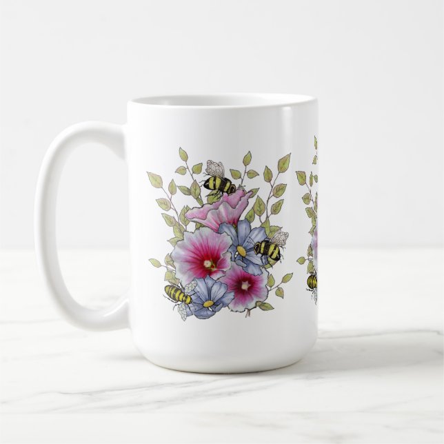 Taza De Café Flowers and Bees, Freehand Botanical Art (Izquierda)
