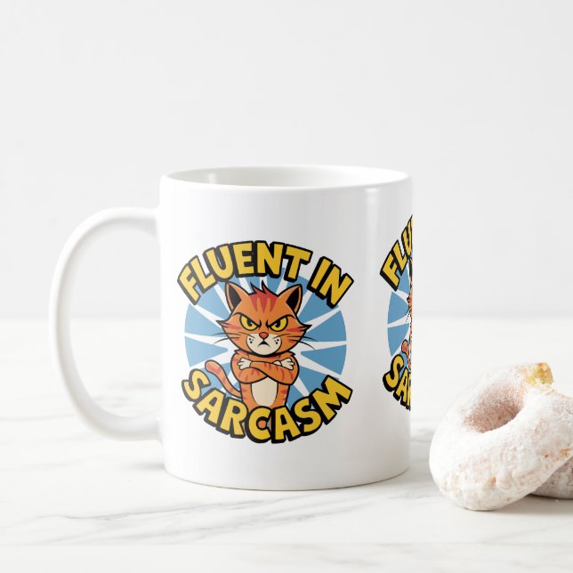 Taza De Café Fluent In Sarcasm Funny Cat Amancia A Las Madres D (Con donut)